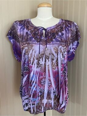 Unity World Wear Purple Paisley Boho Flutter Short Sleeve Blouse Women’s XL